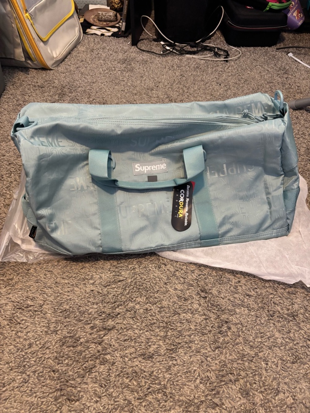 Supreme Ice Blue Jacquard Duffel Bag with Mesh Pocket